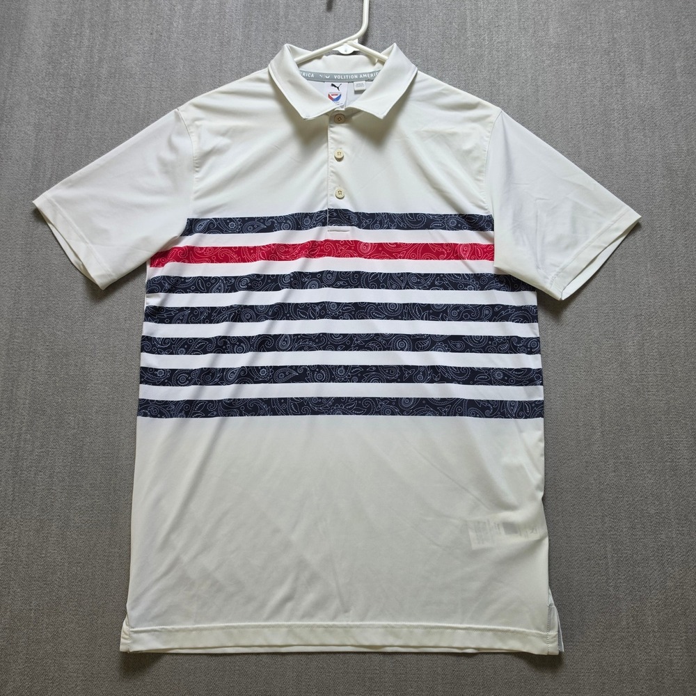 Puma Volition America Polo Mens Small White Paisley Stripe Golf Shirt 533026-01